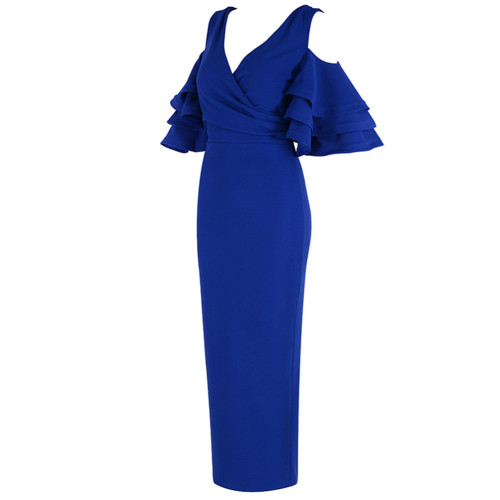 Rushlover Blue Pile Sleeves Strapless V-neck Dress Banquet Mini Dress