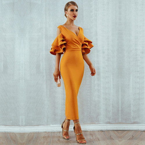 Rushlover Yellow Pile Of Sleeves Off-The-Shoulder V-Neck Dress Female Banquet Dress
