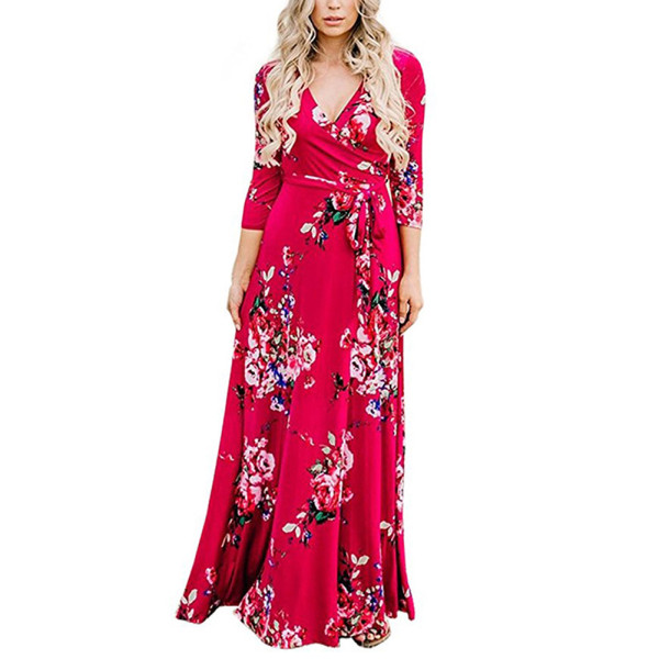 Rushlover Red Summer V-neck Fashion Print Dress Three-quarter Sleeve Long Skirt Beach