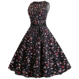 Rushlover Vintage Hepburn Style Floral Waist Knot Zip Sleeveless Skater Dress Contouring Sensation