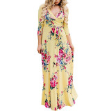 Rushlover Yellow Summer Floral Print Faux Wrap Maxi Long Dresses with Belt For Women