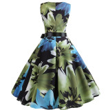 Rushlover Vintage Hepburn Style Flowing Waist Tie Zip Flare Hem Floral Big Swing Dress