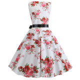 Rushlover Vintage Hepburn Style Sleeveless Waist Printed Big Swing Dress