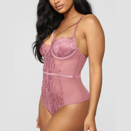 Rushlover Light Pink Open Back Adjustable Straps Sexy One-piece Pajamas Teddy Lace