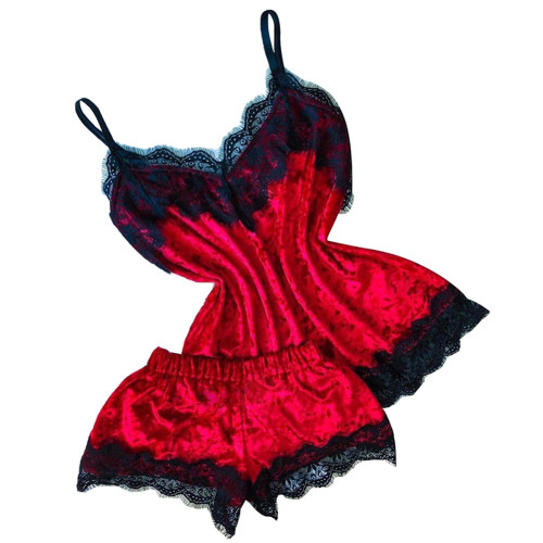 Rushlover Red Velvet Sleepwear Lace Slender Strap Nightwear Exquisite Fabric