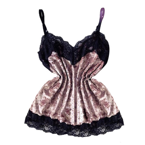Rushlover Pink Bow Strap V-neck Lace And Gold Velvet Pajamas For Women