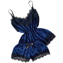 Rushlover Navy Blue Velvet Strap Top Elastic Waist Shorts Garment For Women