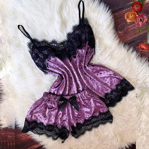 Rushlover Purple Lace Patchwork Elastic Waist Nightwear Evening Romance