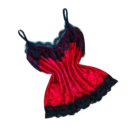Rushlover Red Velvet Sleepwear Lace Slender Strap Nightwear Exquisite Fabric
