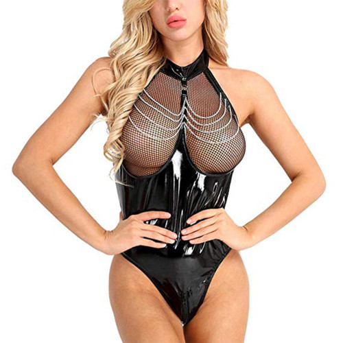 Rushlover Black Patent Leather Bodysuit Dark Mesh Perspective Sexy And Seductive