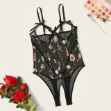 Rushlover Black Embroidery Open Crotch Lace Bodysuit Lingerie