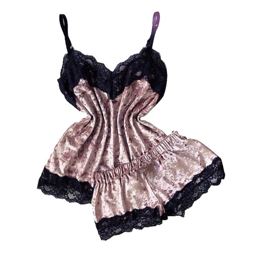 Rushlover Pink Bow Strap V-neck Lace And Gold Velvet Pajamas For Women