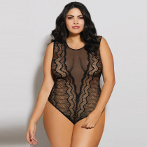 Rushlover Black Sexy See Through Sleeveless Geometric Lace Bodysuit One Piece Lingerie
