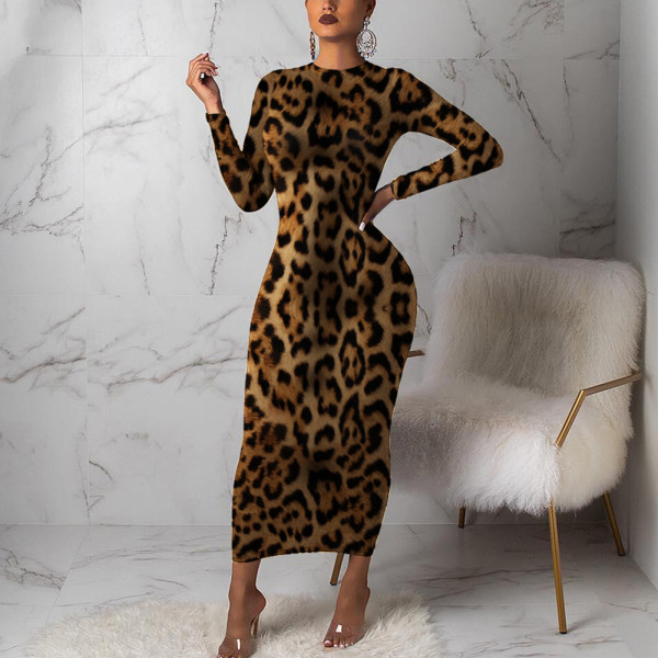 Silhouette Leopard Printed Long Sleeve Bodycon Dress Round Collar Unique Fashion