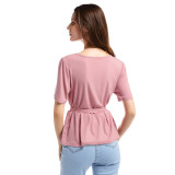 Pink Round Neck Belt Shirt Short Sleeve For Women