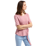 Pink Round Neck Belt Shirt Short Sleeve For Women