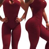 Rushlover Wine Red Women Sportswear Suit Open Back Bodycon Rompers Crossover Yoga Gym Set