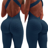 Rushlover Deep Blue Women Sportswear Suit Cut Out Jumpsuits Criss Cross Yoga Gym Set