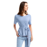 Blue Short Sleeve Ruffle Top Solid Color Charming