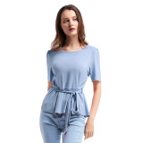 Blue Short Sleeve Ruffle Top Solid Color Charming