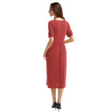 Rushlover Red Button V Neck Ruched Midi Dress Short Sleeve For Women