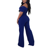 Rushlover Blue Sexy Off Shoulder Ruffles Top Strapless High Waist Jumpsuits Rompers