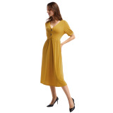 Rushlover Yellow Short-Sleeve Pleated Waist Midi Dress For Women