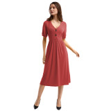 Rushlover Red Button V Neck Ruched Midi Dress Short Sleeve For Women