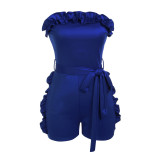 Rushlover Blue Rompers Tight Fit Mini Length Ruffles Jumpsuits Knotted Waist