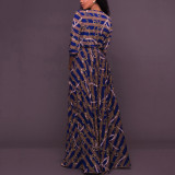 Rushlover Blue Print Deep V Maxi Dress Long Sleeves High Waist Swing Dress