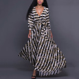 Rushlover White Sexy Stretchable Deep V Striped Printing Maxi Dress