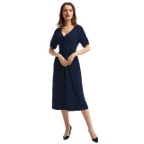 Rushlover Deep Blue Button V Collar Short Sleeve Midi Dress Comfort Fabric