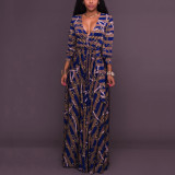 Rushlover Blue Print Deep V Maxi Dress Long Sleeves High Waist Swing Dress