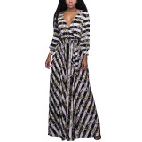 Rushlover White Sexy Stretchable Deep V Striped Printing Maxi Dress