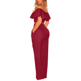 Rushlover Red Sexy Ruffled One-shoulder V Neck jumpsuit