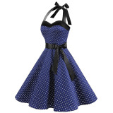Rushlover Blue Polka Dot Tube Top Lace Dress Summer Retro Halter Neck Big Swing Skirt