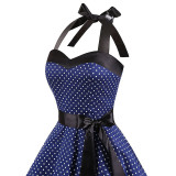 Rushlover Blue Polka Dot Tube Top Lace Dress Summer Retro Halter Neck Big Swing Skirt