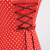 Rushlover Red Retro Polka Dot Print Tube Top Hanging Neck Back Strap Dress