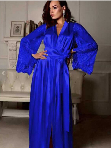Rushlover Blue Imitation Silk Lace Sleeve Nightgown Home Service
