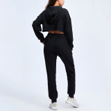 Rushlover Black Loose Hooded Sports Sweatshirt Long-sleeved Trousers Yoga Suit