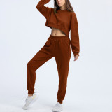 Rushlover Brown Loose Hooded Sports Sweatshirt Long-sleeved Trousers Yoga Suit
