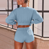 Rushlover Blue Casual Fashion Long-sleeved Shorts Sports Fitness Two-piece Suit