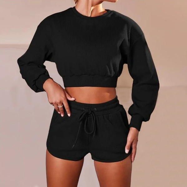 Rushlover Black Casual Fashion Long-sleeved Shorts Sports Fitness Two-piece Suit