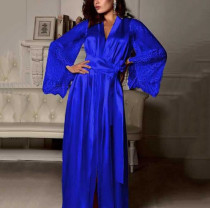 Rushlover Blue Imitation Silk Lace Sleeve Nightgown Home Service