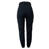 Black Cargo Pants With Belt Long Pencil Trousers LSL-6298