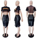 Sexy High Waist Ruffles PU Leather  Bodycon Skirt LSL-6208