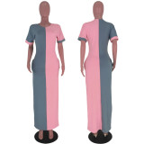 Plus Size Color Block Short Sleeve Maxi Dresses YH-5044