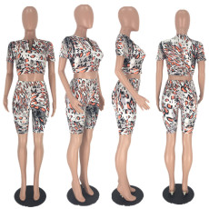 Sexy Leopard Print Zipper Short Sleeve 2 Piece Shorts Set AWN-5014