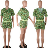 Camouflage Print Hooded Short Sleeve 2 Piece Set QY-5113