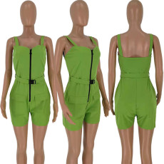 Solid Straps Sleeveless Front Zipper Casual Playsuit TK-6006